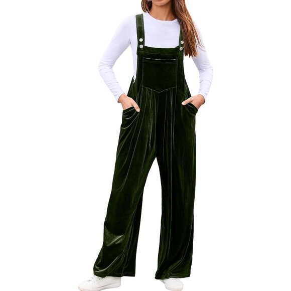 Women Green Casual Velvet Sleeveless Loose Jumpsuit Dressy One Piece Pant Romper - Picture 1 of 5